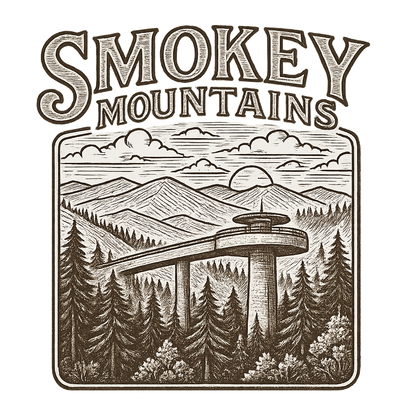 A typographic, nostalgic graphic of a typographic illustration of the words 'smokey mountains' with a vintage line art drawing of clingmans dome – a t-shirt design