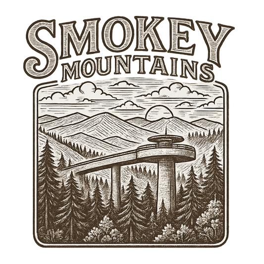 A typographic, nostalgic graphic of a typographic illustration of the words 'smokey mountains' with a vintage line art drawing of clingmans dome – a t-shirt design