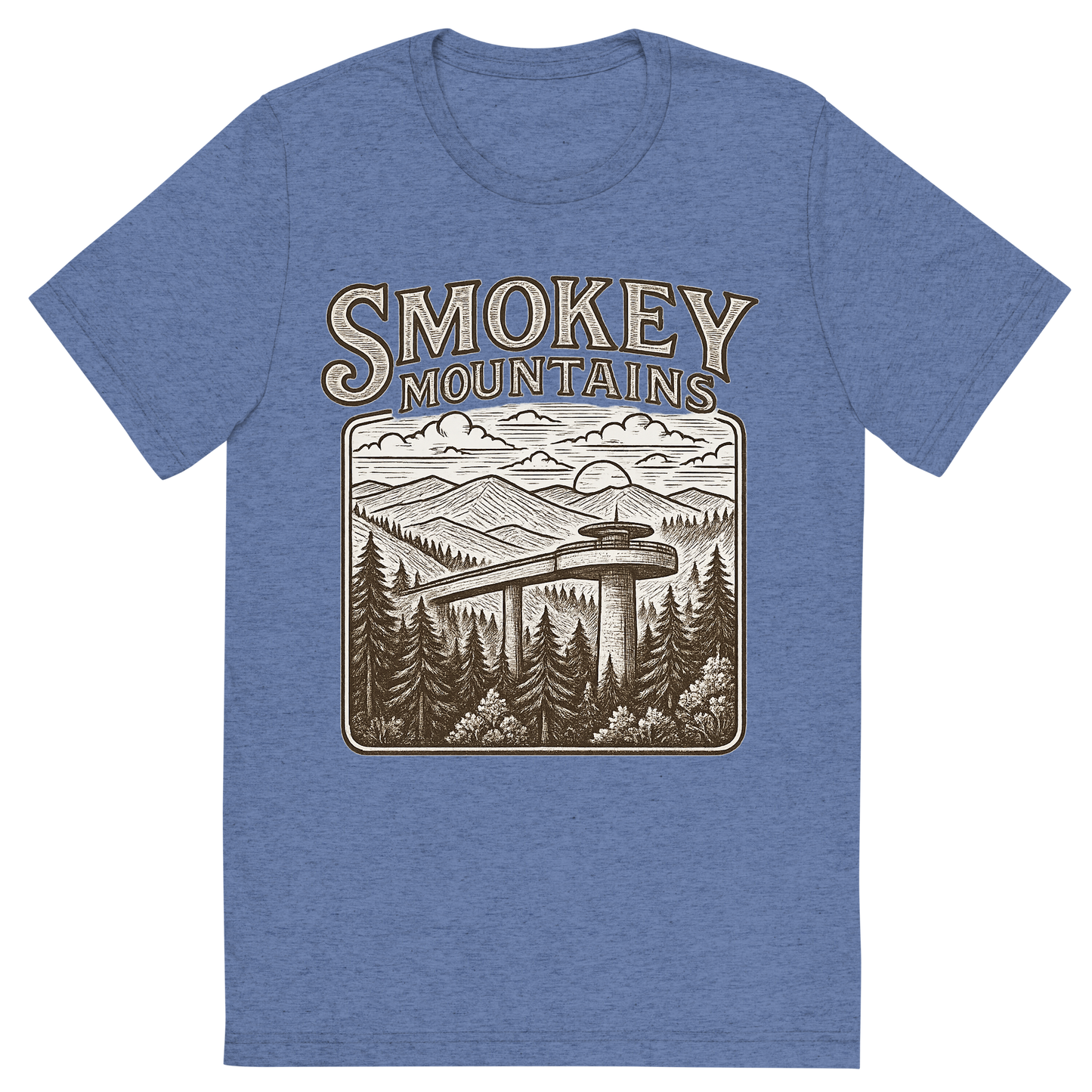 Front view of a Premium Tri-Blend Crew Neck T-Shirt in Blue showing 'A typographic, nostalgic graphic of a typographic illustration of the words 'smokey mountains' with a vintage line art drawing of clingmans dome'