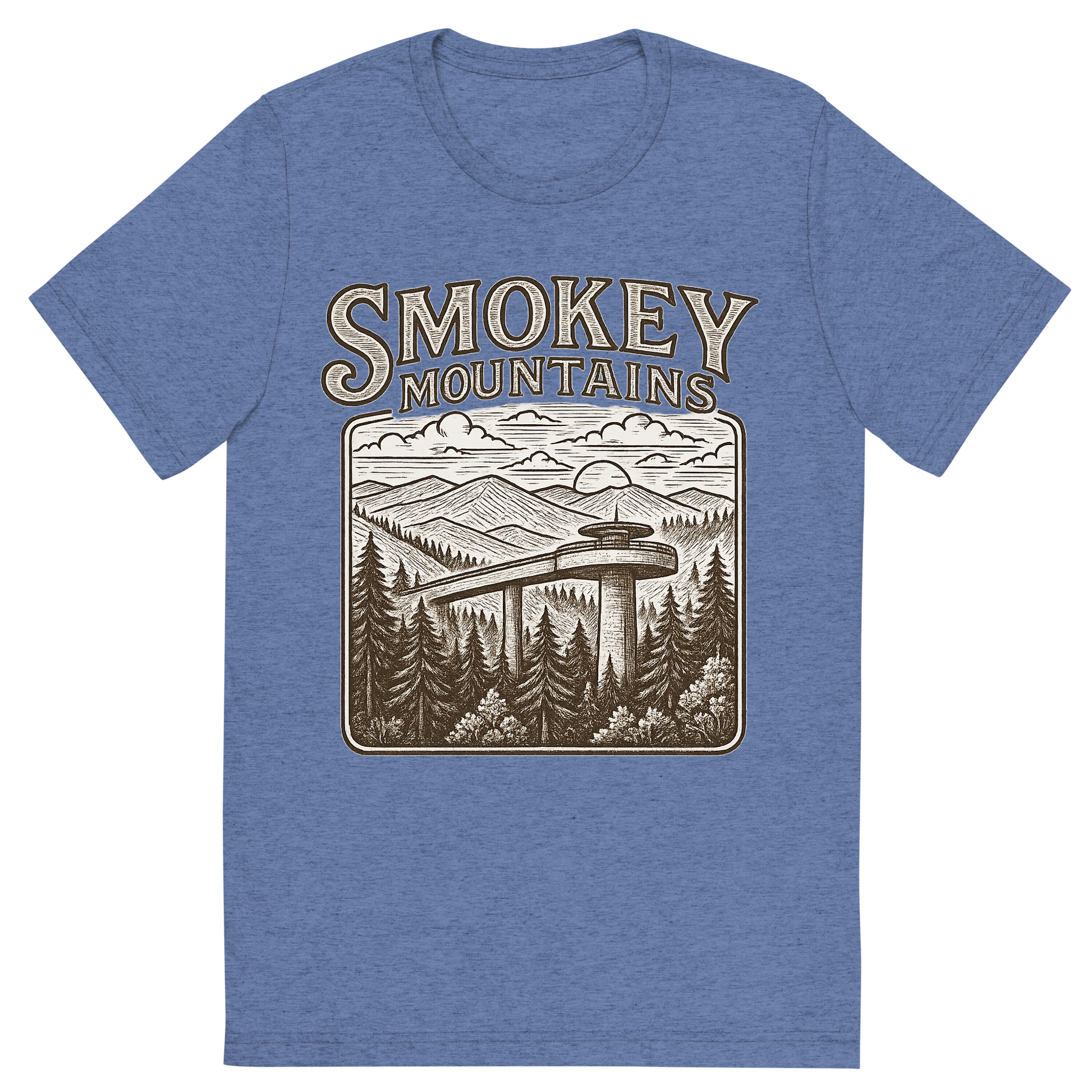 Front view of a Premium Tri-Blend Crew Neck T-Shirt in Blue showing 'A typographic, nostalgic graphic of a typographic illustration of the words 'smokey mountains' with a vintage line art drawing of clingmans dome'