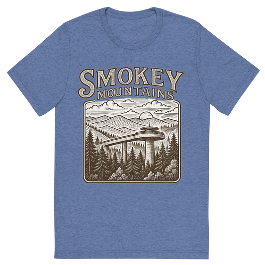 Front view of a Premium Tri-Blend Crew Neck T-Shirt in Blue showing 'A typographic, nostalgic graphic of a typographic illustration of the words 'smokey mountains' with a vintage line art drawing of clingmans dome'