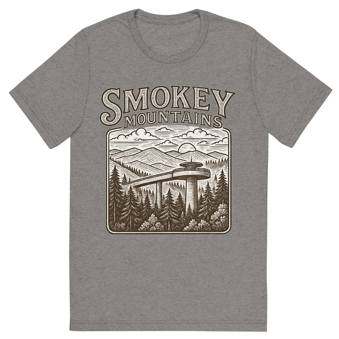 Front view of a Premium Tri-Blend Crew Neck T-Shirt in Grey showing 'A typographic, nostalgic graphic of a typographic illustration of the words 'smokey mountains' with a vintage line art drawing of clingmans dome'