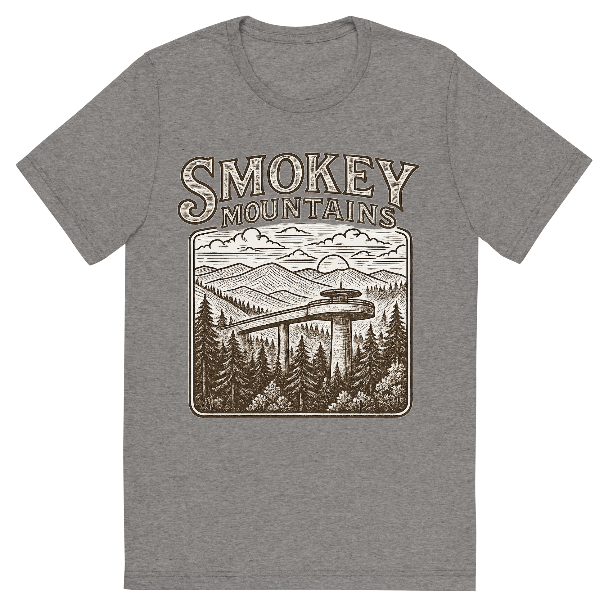 Front view of a Premium Tri-Blend Crew Neck T-Shirt in Grey showing 'A typographic, nostalgic graphic of a typographic illustration of the words 'smokey mountains' with a vintage line art drawing of clingmans dome'