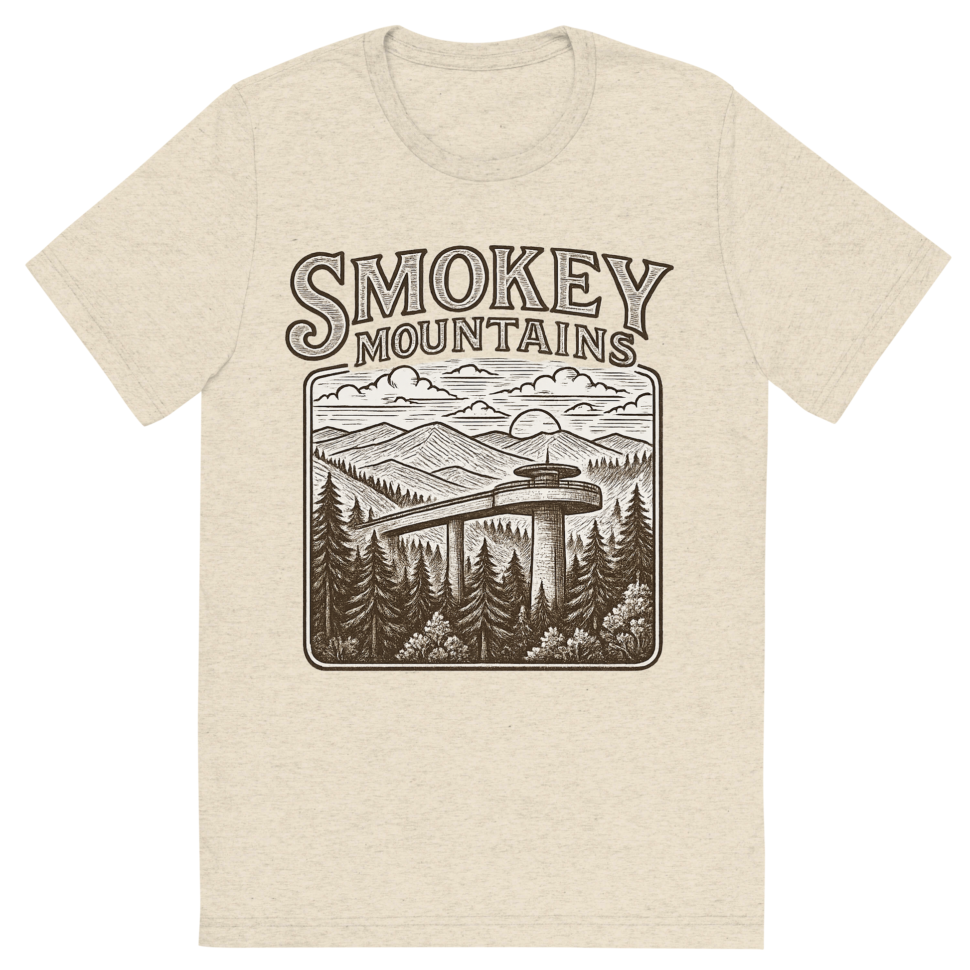 Front view of a Premium Tri-Blend Crew Neck T-Shirt in Oatmeal showing 'A typographic, nostalgic graphic of a typographic illustration of the words 'smokey mountains' with a vintage line art drawing of clingmans dome'