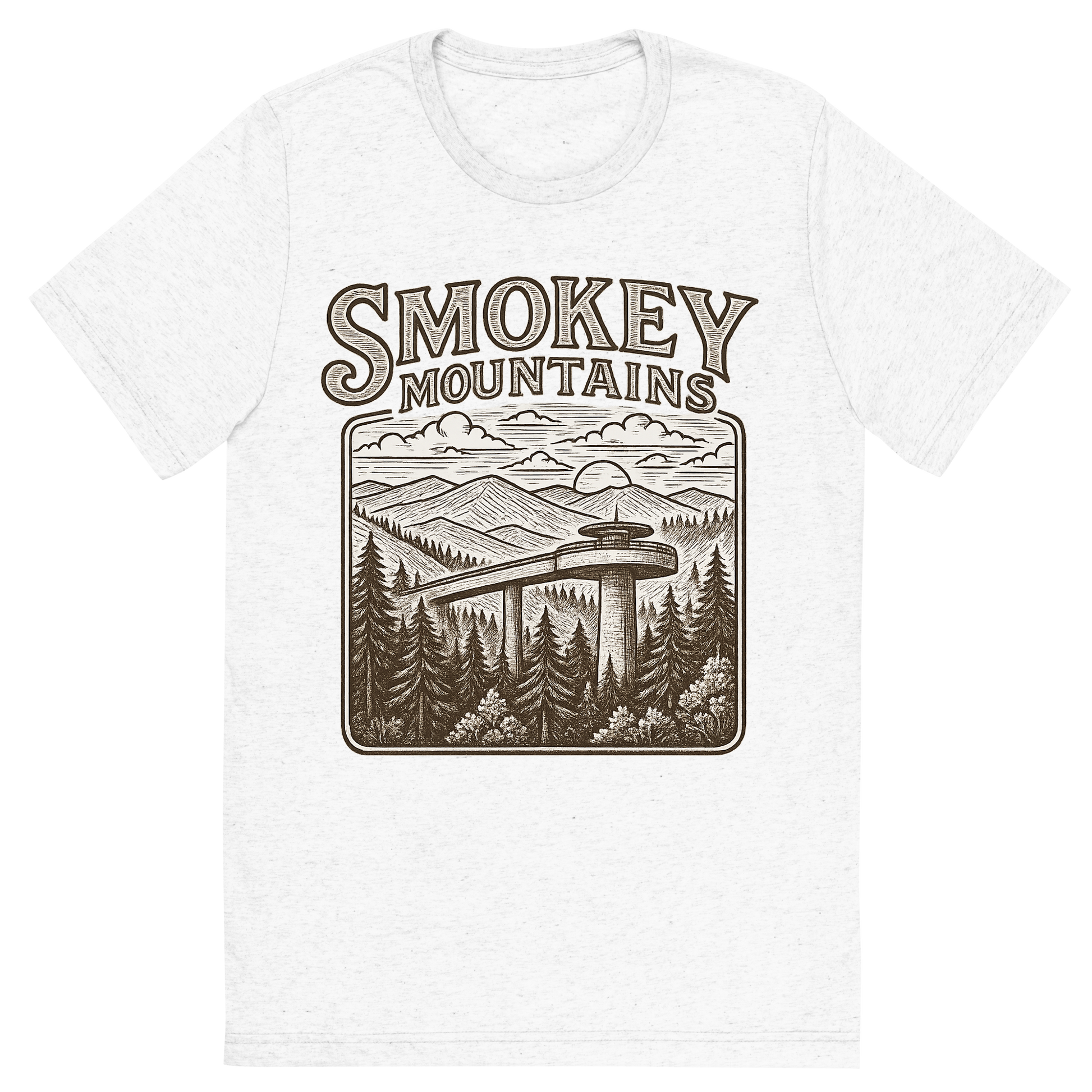 Front view of a Premium Tri-Blend Crew Neck T-Shirt in Solid White showing 'A typographic, nostalgic graphic of a typographic illustration of the words 'smokey mountains' with a vintage line art drawing of clingmans dome'