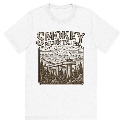 Front view of a Premium Tri-Blend Crew Neck T-Shirt in Solid White showing 'A typographic, nostalgic graphic of a typographic illustration of the words 'smokey mountains' with a vintage line art drawing of clingmans dome'