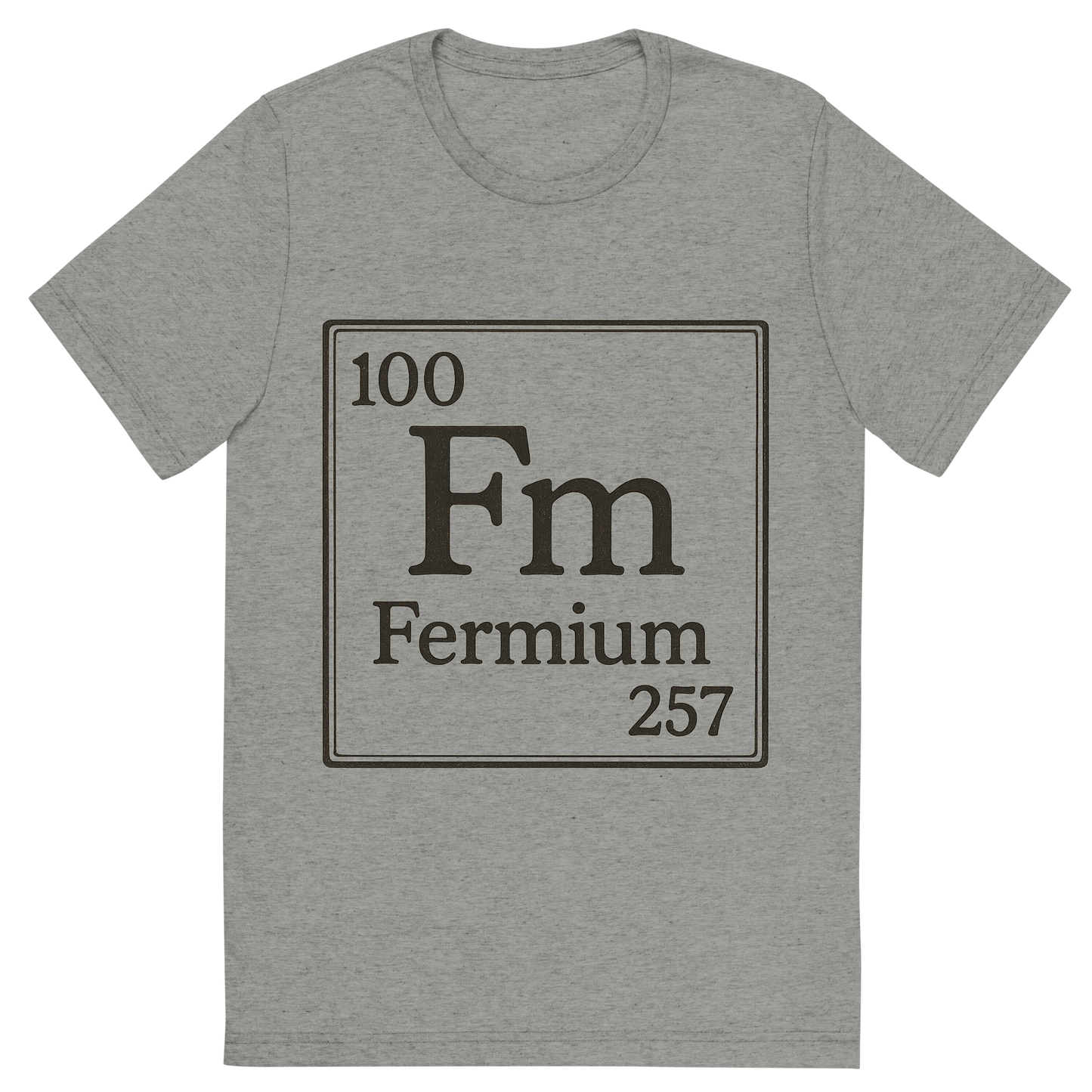 Front view of a Premium Tri-Blend Crew Neck T-Shirt in Athletic Grey showing 'A line art, nostalgic graphic of fermium's entry on the periodic table, use a dark color for the lines and text'