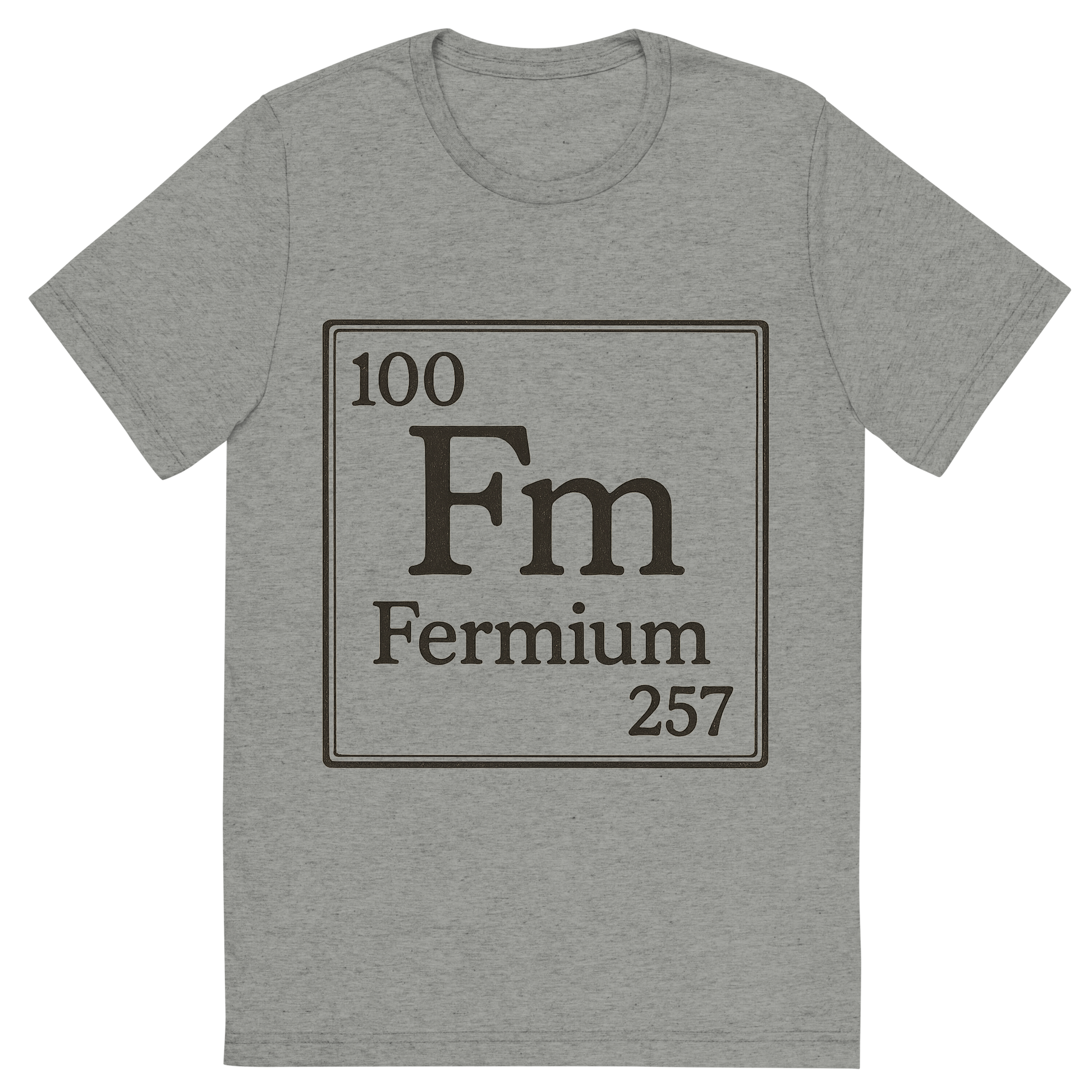 Front view of a Premium Tri-Blend Crew Neck T-Shirt in Athletic Grey showing 'A line art, nostalgic graphic of fermium's entry on the periodic table, use a dark color for the lines and text'