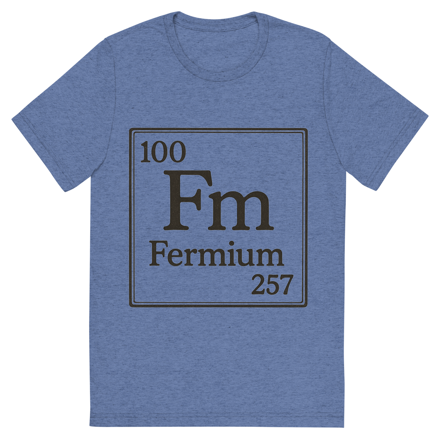Front view of a Premium Tri-Blend Crew Neck T-Shirt in Blue showing 'A line art, nostalgic graphic of fermium's entry on the periodic table, use a dark color for the lines and text'