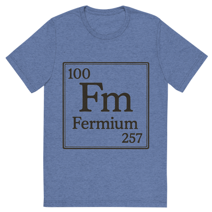 Front view of a Premium Tri-Blend Crew Neck T-Shirt in Blue showing 'A line art, nostalgic graphic of fermium's entry on the periodic table, use a dark color for the lines and text'