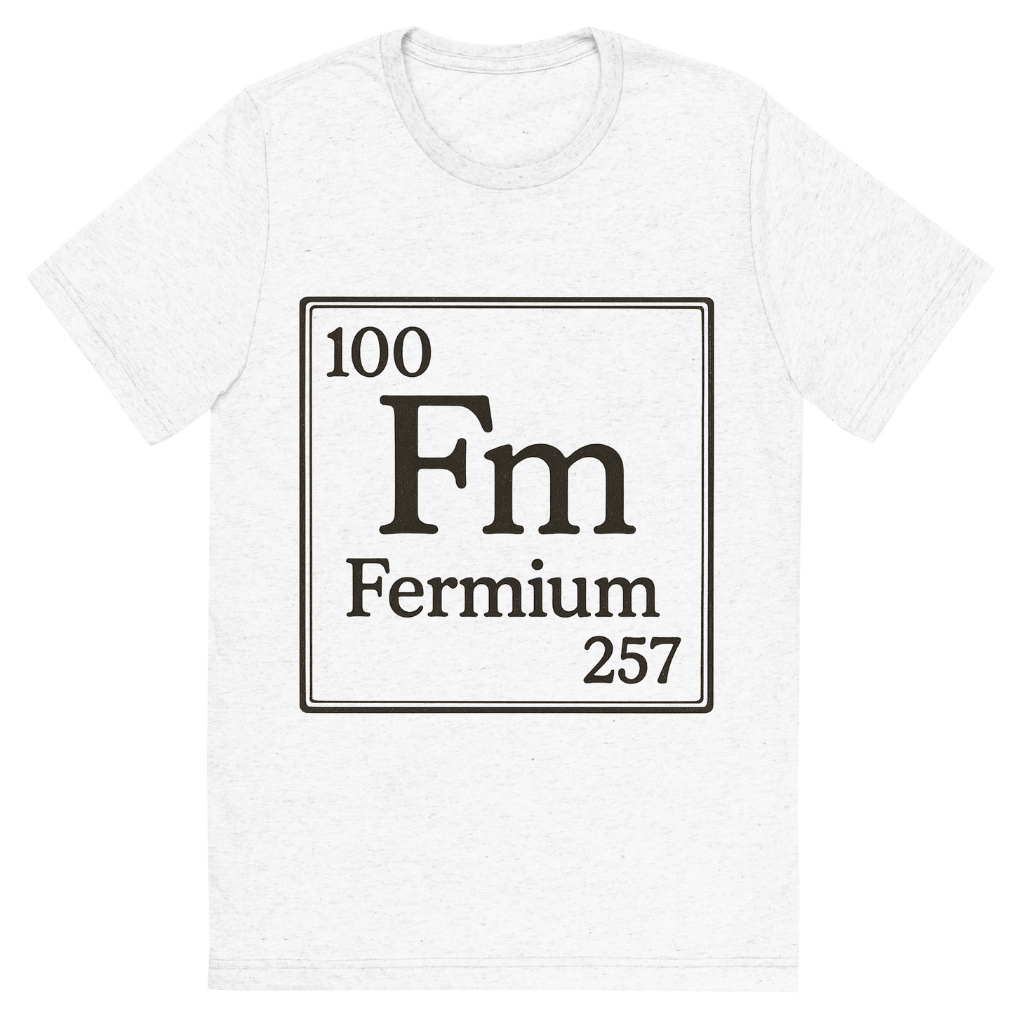 Front view of a Premium Tri-Blend Crew Neck T-Shirt in Solid White showing 'A line art, nostalgic graphic of fermium's entry on the periodic table, use a dark color for the lines and text'