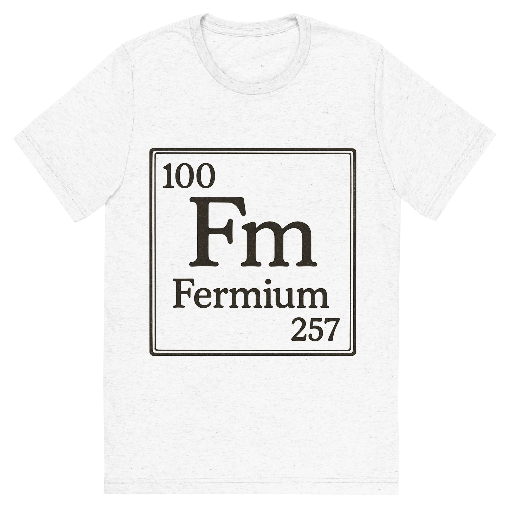 Front view of a Premium Tri-Blend Crew Neck T-Shirt in Solid White showing 'A line art, nostalgic graphic of fermium's entry on the periodic table, use a dark color for the lines and text'