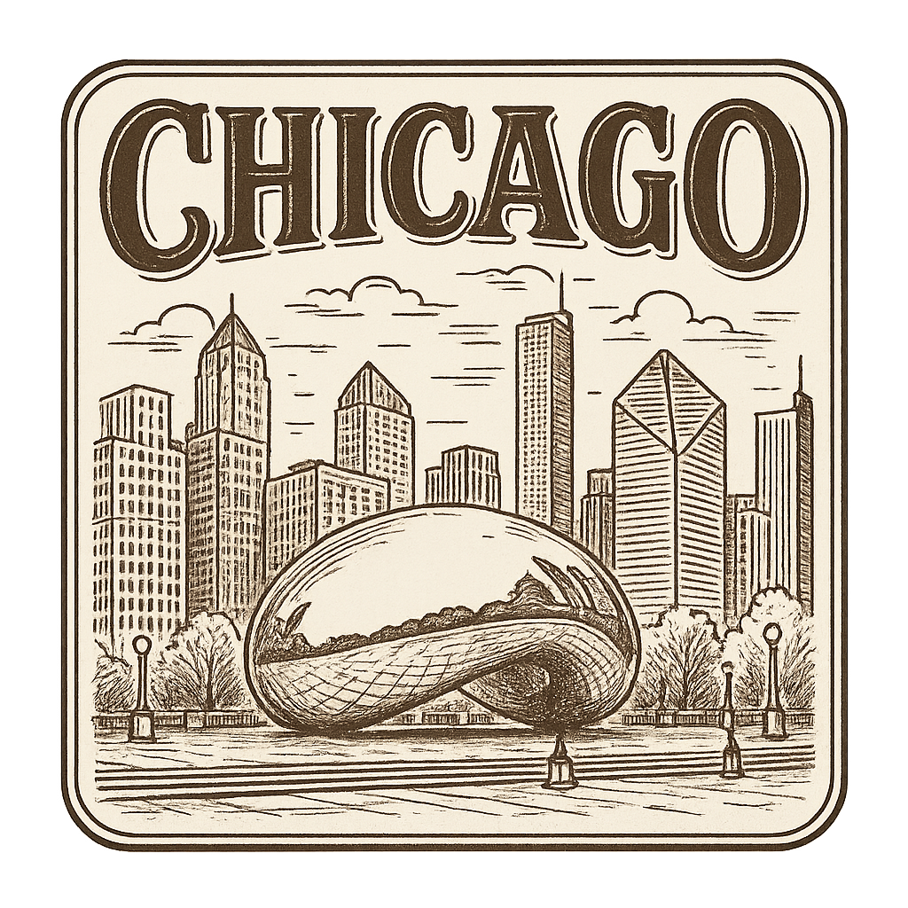 A typographic, nostalgic graphic of a typographic illustration of the words 'chicago' with a vintage line art drawing of millennium park – a t-shirt design