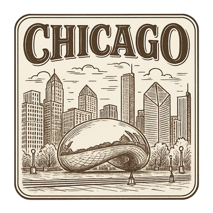 A typographic, nostalgic graphic of a typographic illustration of the words 'chicago' with a vintage line art drawing of millennium park – a t-shirt design