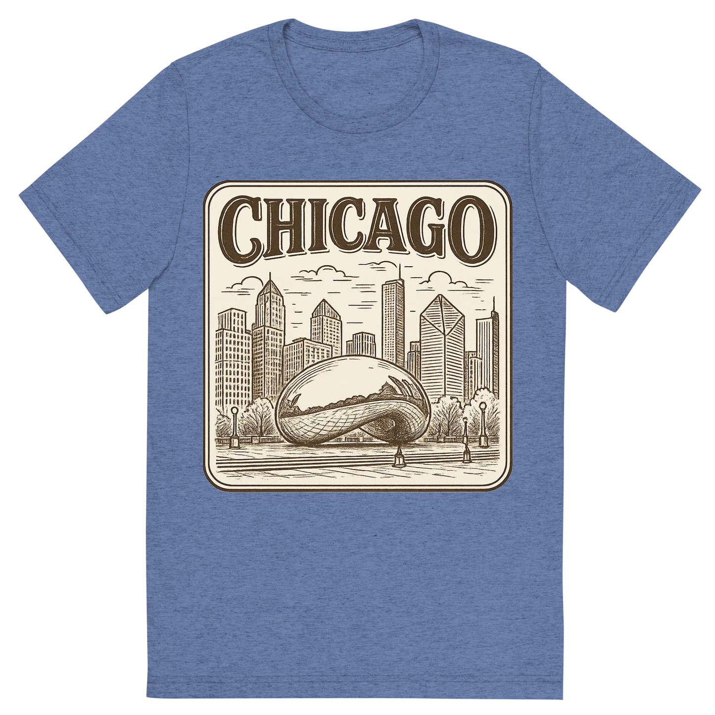 Front view of a Premium Tri-Blend Crew Neck T-Shirt in Blue showing 'A typographic, nostalgic graphic of a typographic illustration of the words 'chicago' with a vintage line art drawing of millennium park'