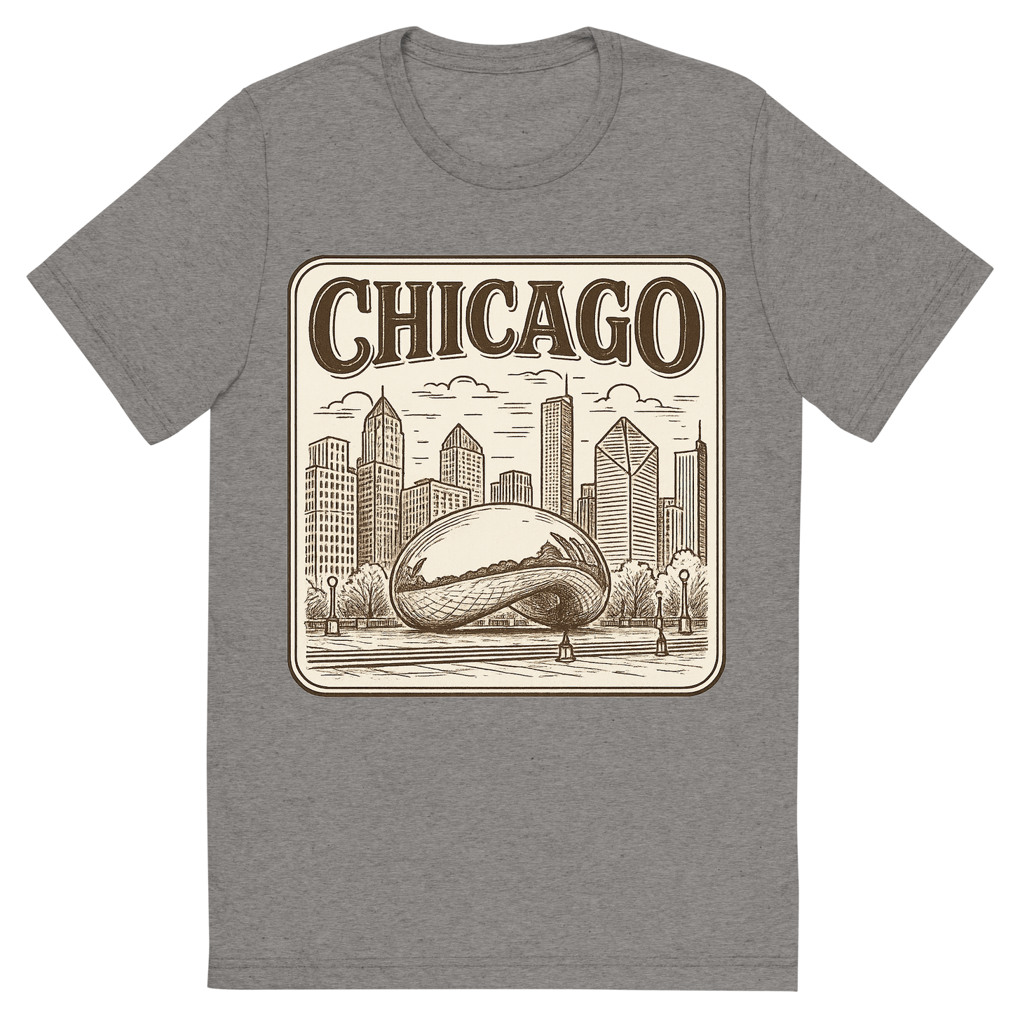 Front view of a Premium Tri-Blend Crew Neck T-Shirt in Grey showing 'A typographic, nostalgic graphic of a typographic illustration of the words 'chicago' with a vintage line art drawing of millennium park'
