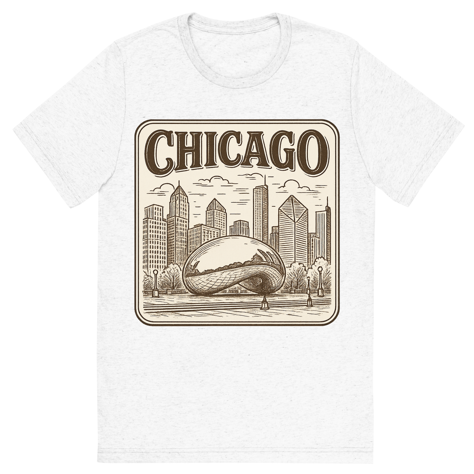 Front view of a Premium Tri-Blend Crew Neck T-Shirt in Solid White showing 'A typographic, nostalgic graphic of a typographic illustration of the words 'chicago' with a vintage line art drawing of millennium park'
