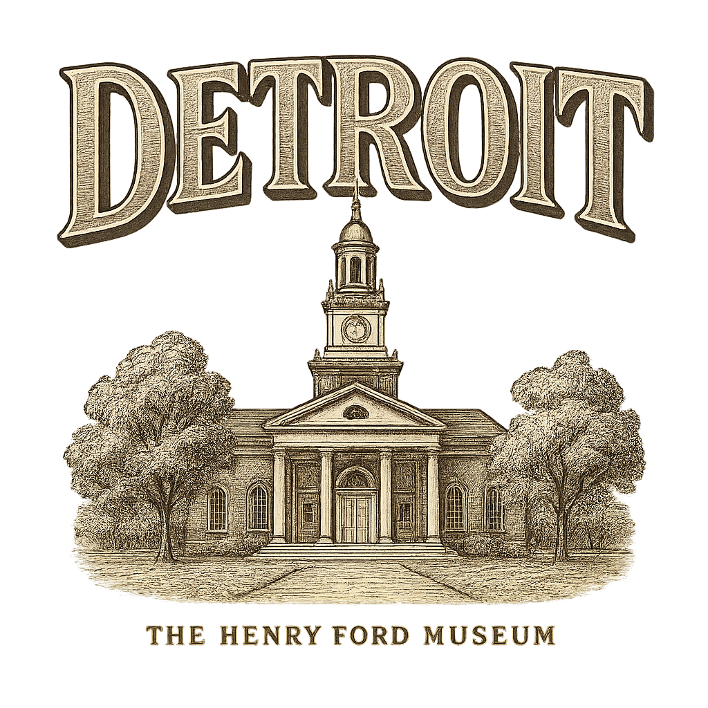 A typographic, nostalgic graphic of a typographic illustration of the words 'detroit' with a vintage line art drawing of the the henry ford museum – a t-shirt design