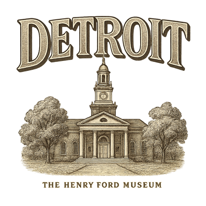 A typographic, nostalgic graphic of a typographic illustration of the words 'detroit' with a vintage line art drawing of the the henry ford museum – a t-shirt design