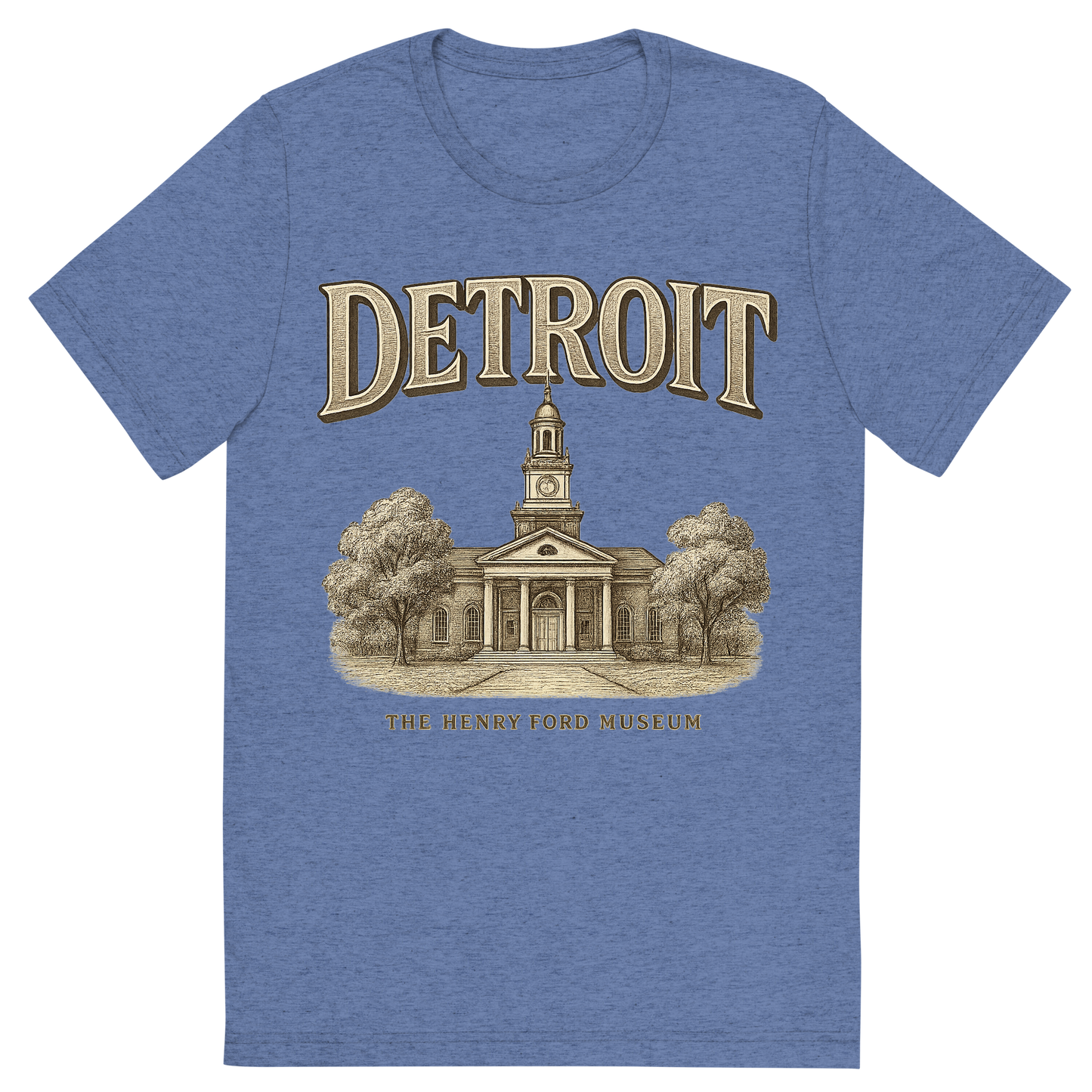 Front view of a Premium Tri-Blend Crew Neck T-Shirt in Blue showing 'A typographic, nostalgic graphic of a typographic illustration of the words 'detroit' with a vintage line art drawing of the the henry ford museum'
