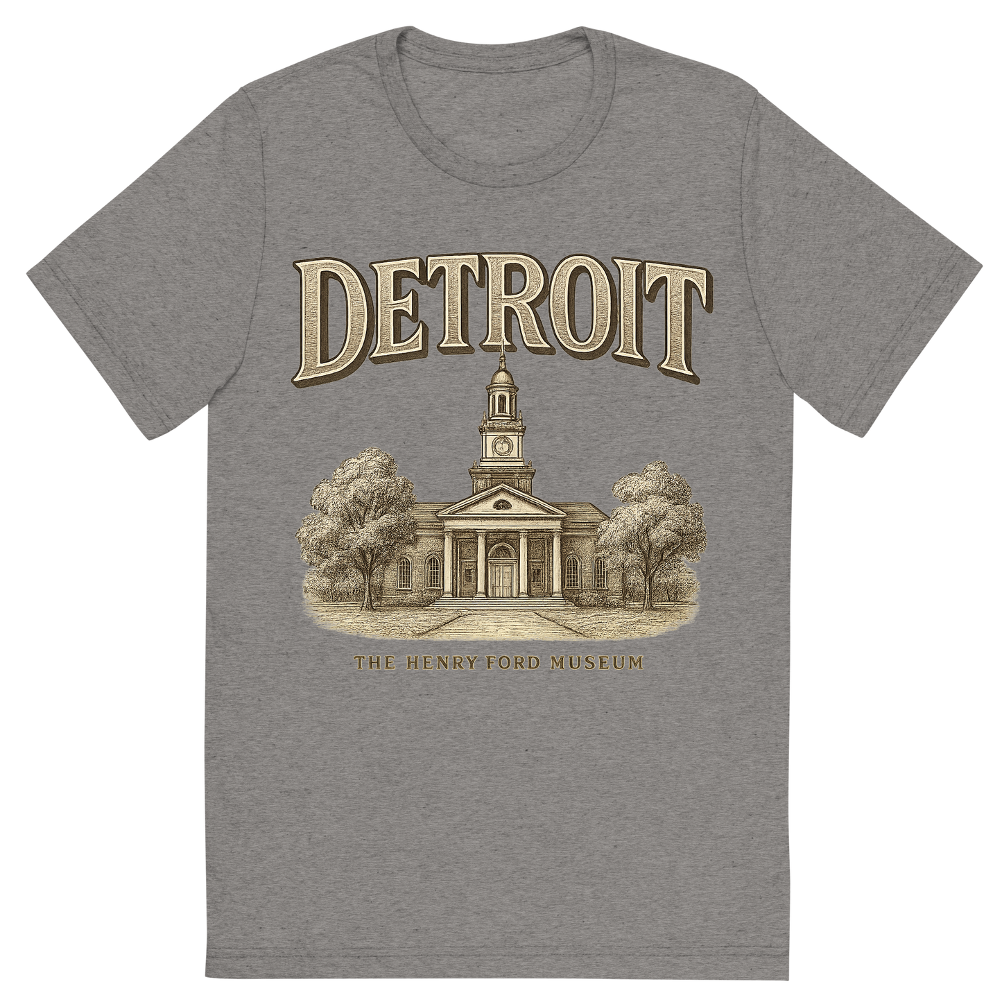Front view of a Premium Tri-Blend Crew Neck T-Shirt in Grey showing 'A typographic, nostalgic graphic of a typographic illustration of the words 'detroit' with a vintage line art drawing of the the henry ford museum'