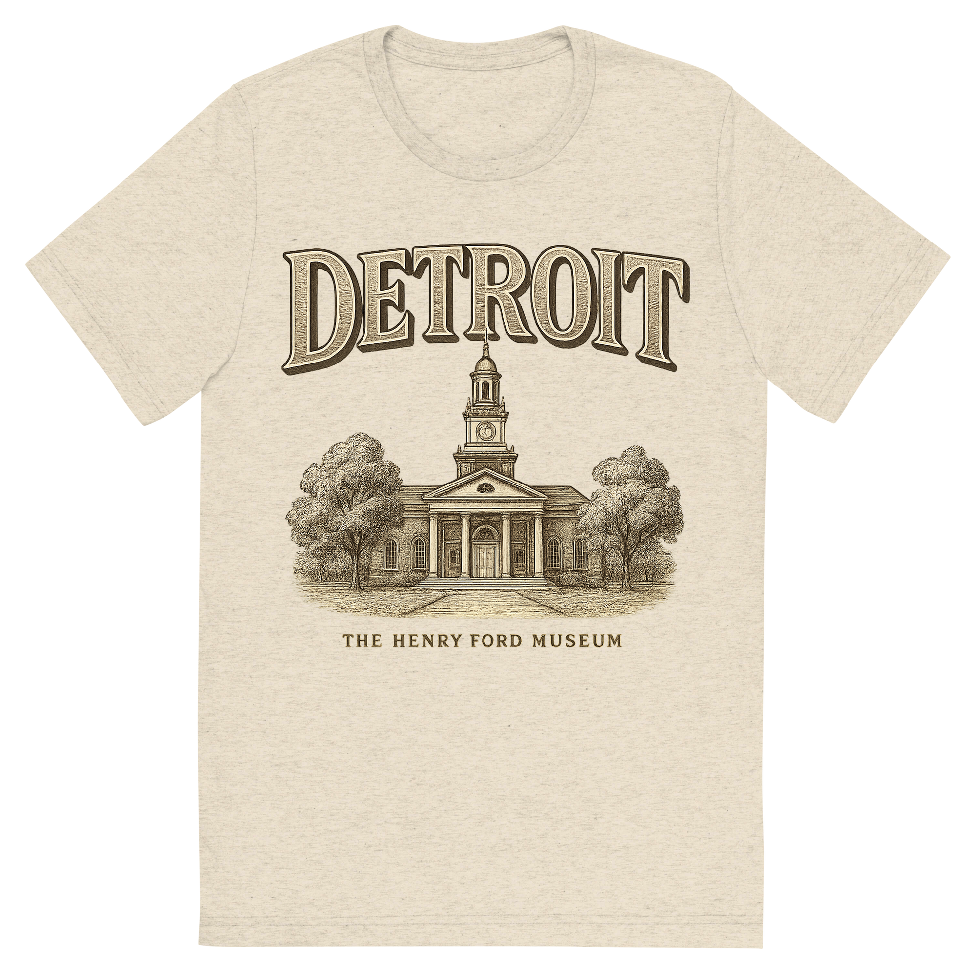 Front view of a Premium Tri-Blend Crew Neck T-Shirt in Oatmeal showing 'A typographic, nostalgic graphic of a typographic illustration of the words 'detroit' with a vintage line art drawing of the the henry ford museum'