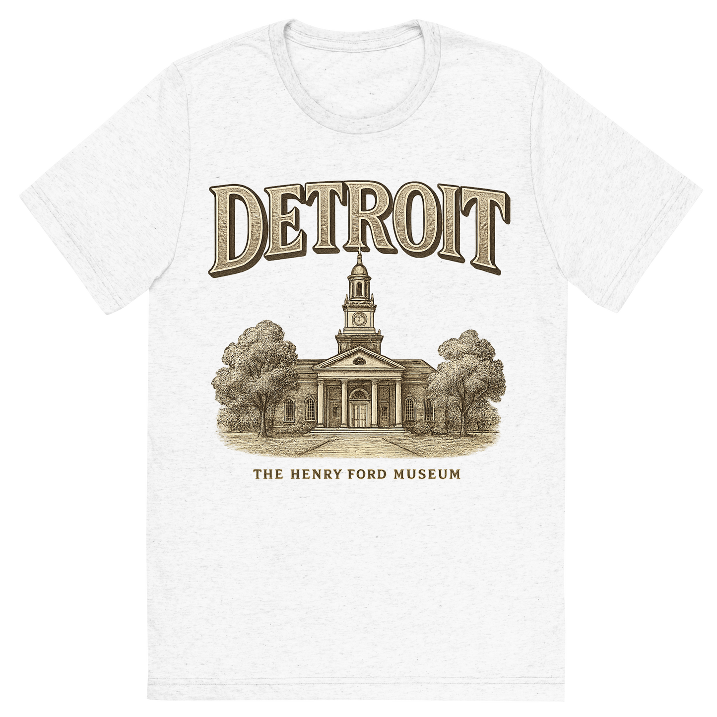 Front view of a Premium Tri-Blend Crew Neck T-Shirt in Solid White showing 'A typographic, nostalgic graphic of a typographic illustration of the words 'detroit' with a vintage line art drawing of the the henry ford museum'