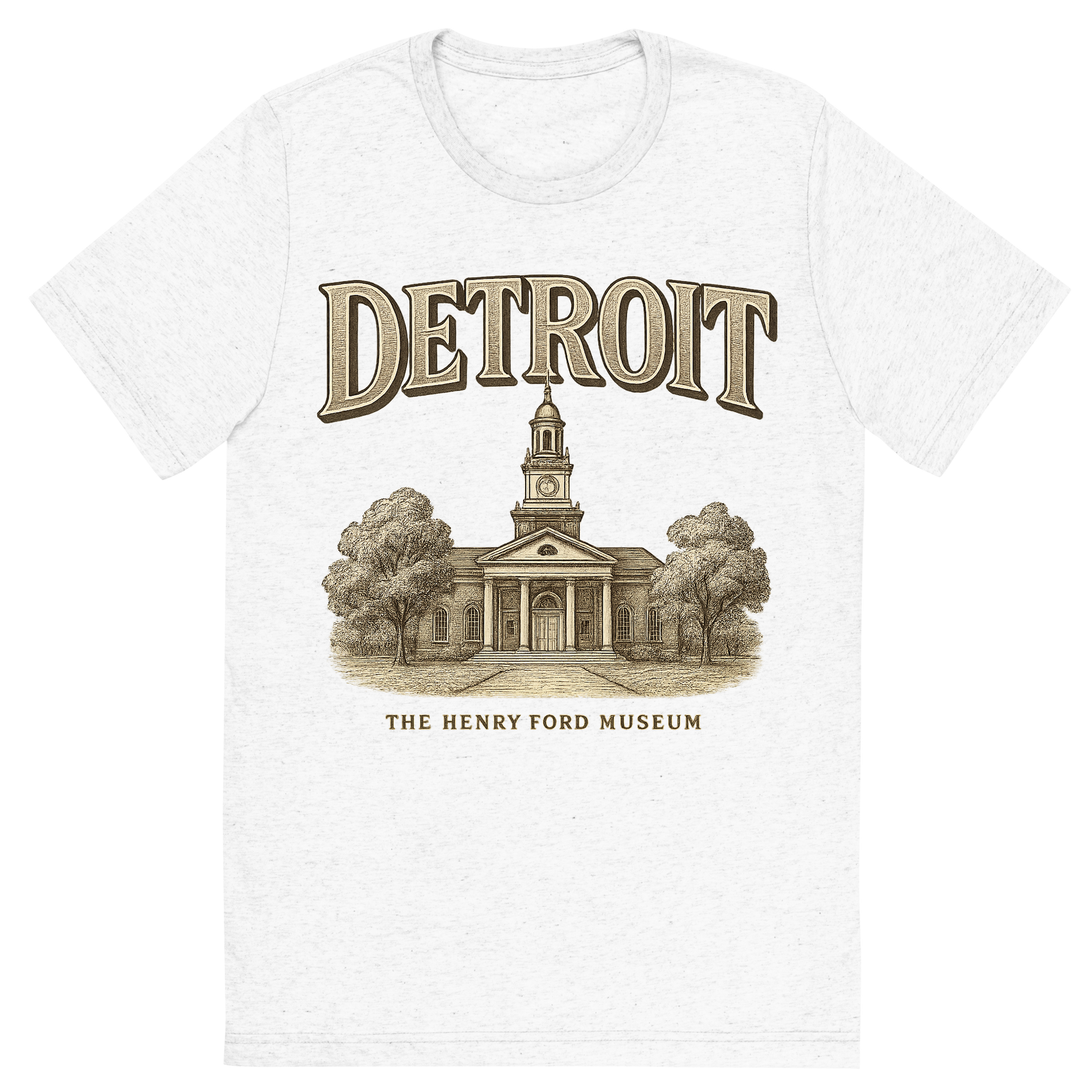 Front view of a Premium Tri-Blend Crew Neck T-Shirt in Solid White showing 'A typographic, nostalgic graphic of a typographic illustration of the words 'detroit' with a vintage line art drawing of the the henry ford museum'