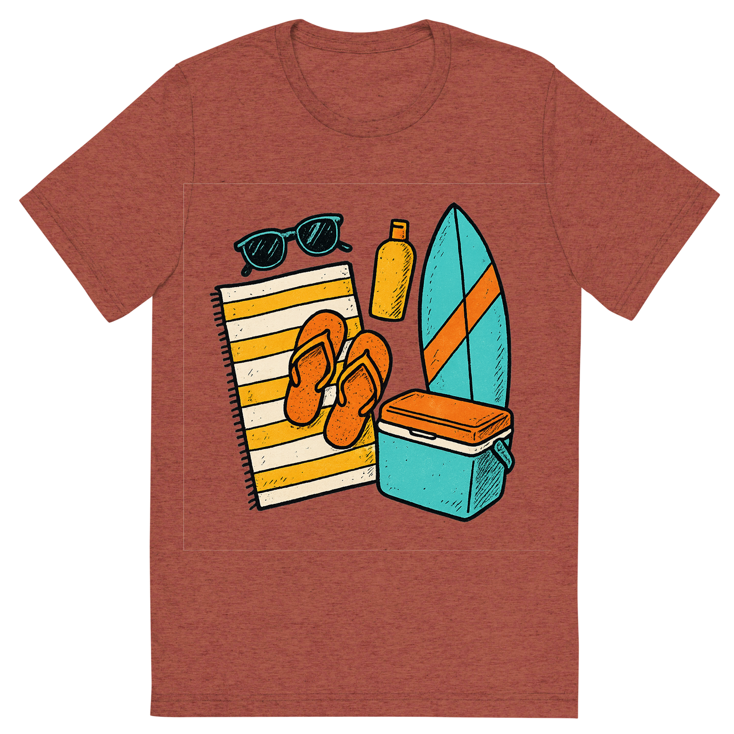 Front view of a Premium Tri-Blend Crew Neck T-Shirt in Clay showing 'A hand-drawn ink with pops of color, bright graphic of a symbolic illustration of summer beach essentials arranged in a flat lay: sunglasses, towel, flip-flops, sunscreen, surfboard, and cooler, ink-drawn with pops of color, square layout, transparent background, not for direct printing'