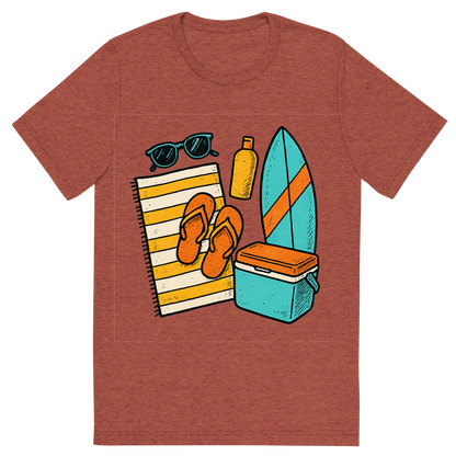 Front view of a Premium Tri-Blend Crew Neck T-Shirt in Clay showing 'A hand-drawn ink with pops of color, bright graphic of a symbolic illustration of summer beach essentials arranged in a flat lay: sunglasses, towel, flip-flops, sunscreen, surfboard, and cooler, ink-drawn with pops of color, square layout, transparent background, not for direct printing'
