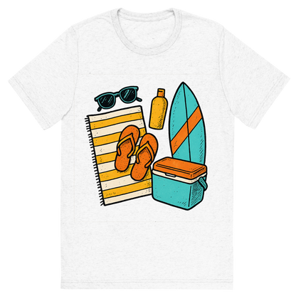 Front view of a Premium Tri-Blend Crew Neck T-Shirt in Solid White showing 'A hand-drawn ink with pops of color, bright graphic of a symbolic illustration of summer beach essentials arranged in a flat lay: sunglasses, towel, flip-flops, sunscreen, surfboard, and cooler, ink-drawn with pops of color, square layout, transparent background, not for direct printing'