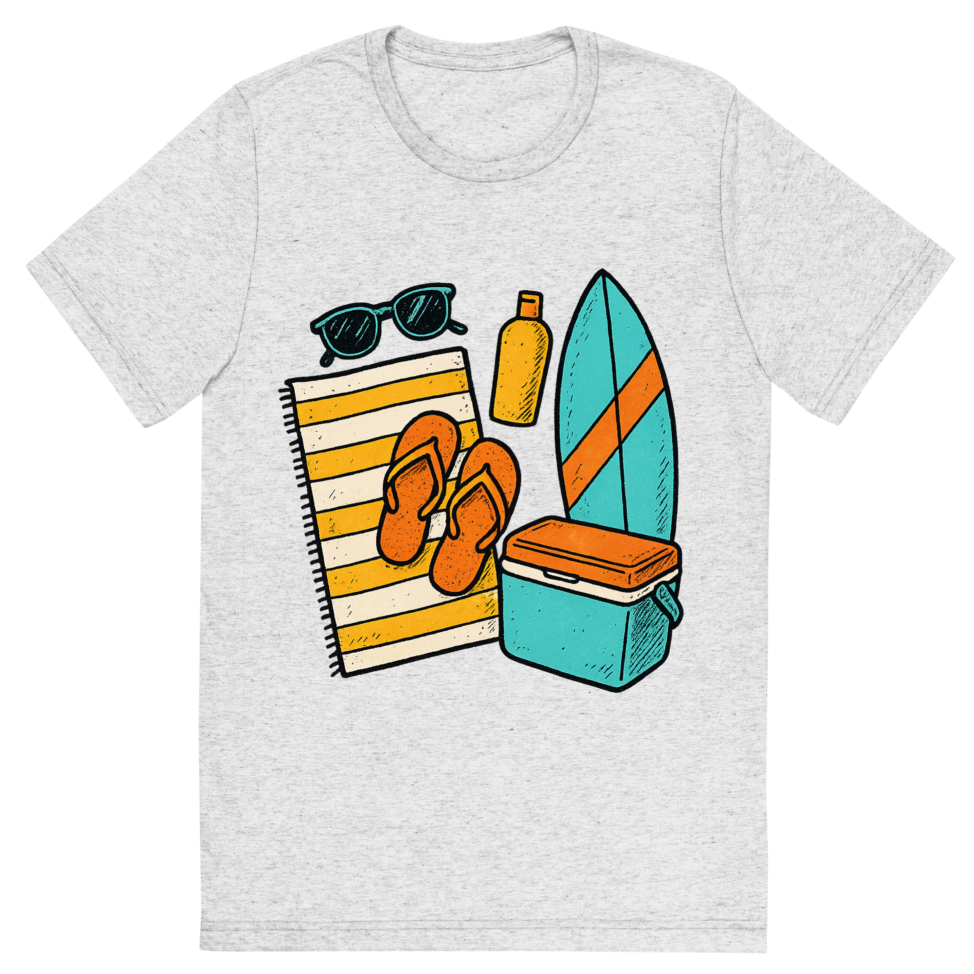 Front view of a Premium Tri-Blend Crew Neck T-Shirt in White Fleck showing 'A hand-drawn ink with pops of color, bright graphic of a symbolic illustration of summer beach essentials arranged in a flat lay: sunglasses, towel, flip-flops, sunscreen, surfboard, and cooler, ink-drawn with pops of color, square layout, transparent background, not for direct printing'