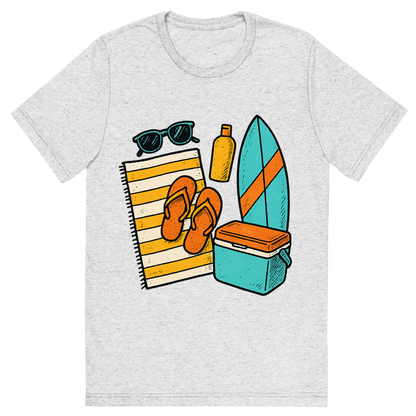 Front view of a Premium Tri-Blend Crew Neck T-Shirt in White Fleck showing 'A hand-drawn ink with pops of color, bright graphic of a symbolic illustration of summer beach essentials arranged in a flat lay: sunglasses, towel, flip-flops, sunscreen, surfboard, and cooler, ink-drawn with pops of color, square layout, transparent background, not for direct printing'