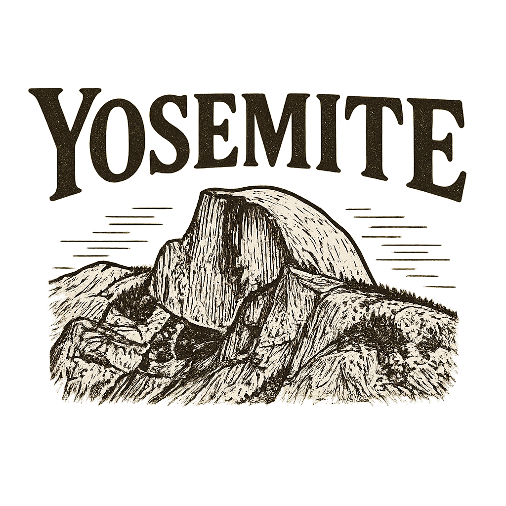 A typographic, nostalgic graphic of a typographic illustration of the words 'yosemite' with a vintage line art drawing of the half dome – a t-shirt design