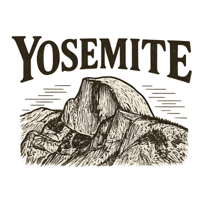 A typographic, nostalgic graphic of a typographic illustration of the words 'yosemite' with a vintage line art drawing of the half dome – a t-shirt design