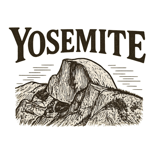 A typographic, nostalgic graphic of a typographic illustration of the words 'yosemite' with a vintage line art drawing of the half dome – a t-shirt design