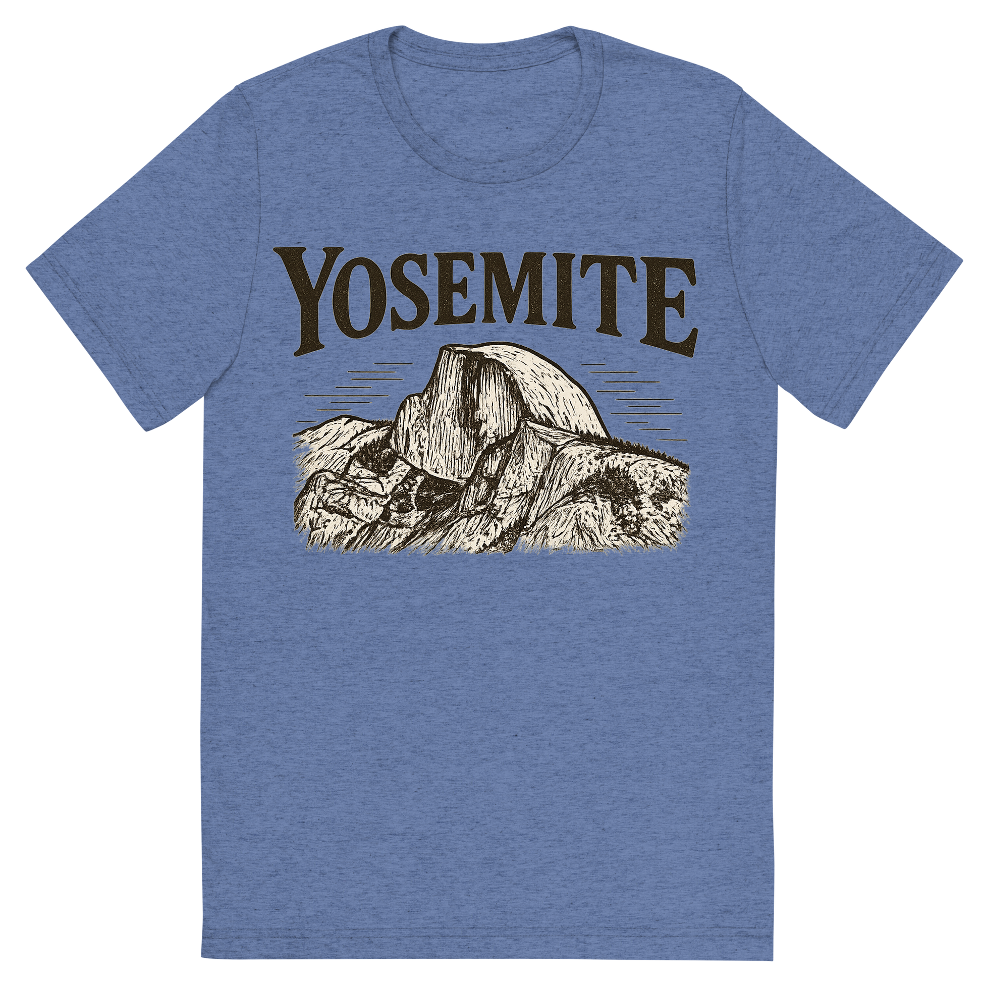 Front view of a Premium Tri-Blend Crew Neck T-Shirt in Blue showing 'A typographic, nostalgic graphic of a typographic illustration of the words 'yosemite' with a vintage line art drawing of the half dome'