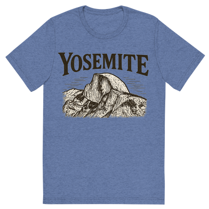 Front view of a Premium Tri-Blend Crew Neck T-Shirt in Blue showing 'A typographic, nostalgic graphic of a typographic illustration of the words 'yosemite' with a vintage line art drawing of the half dome'