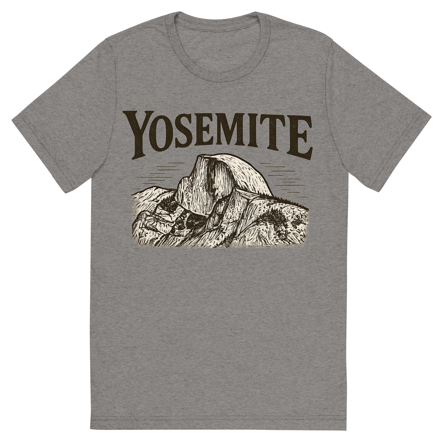 Front view of a Premium Tri-Blend Crew Neck T-Shirt in Grey showing 'A typographic, nostalgic graphic of a typographic illustration of the words 'yosemite' with a vintage line art drawing of the half dome'