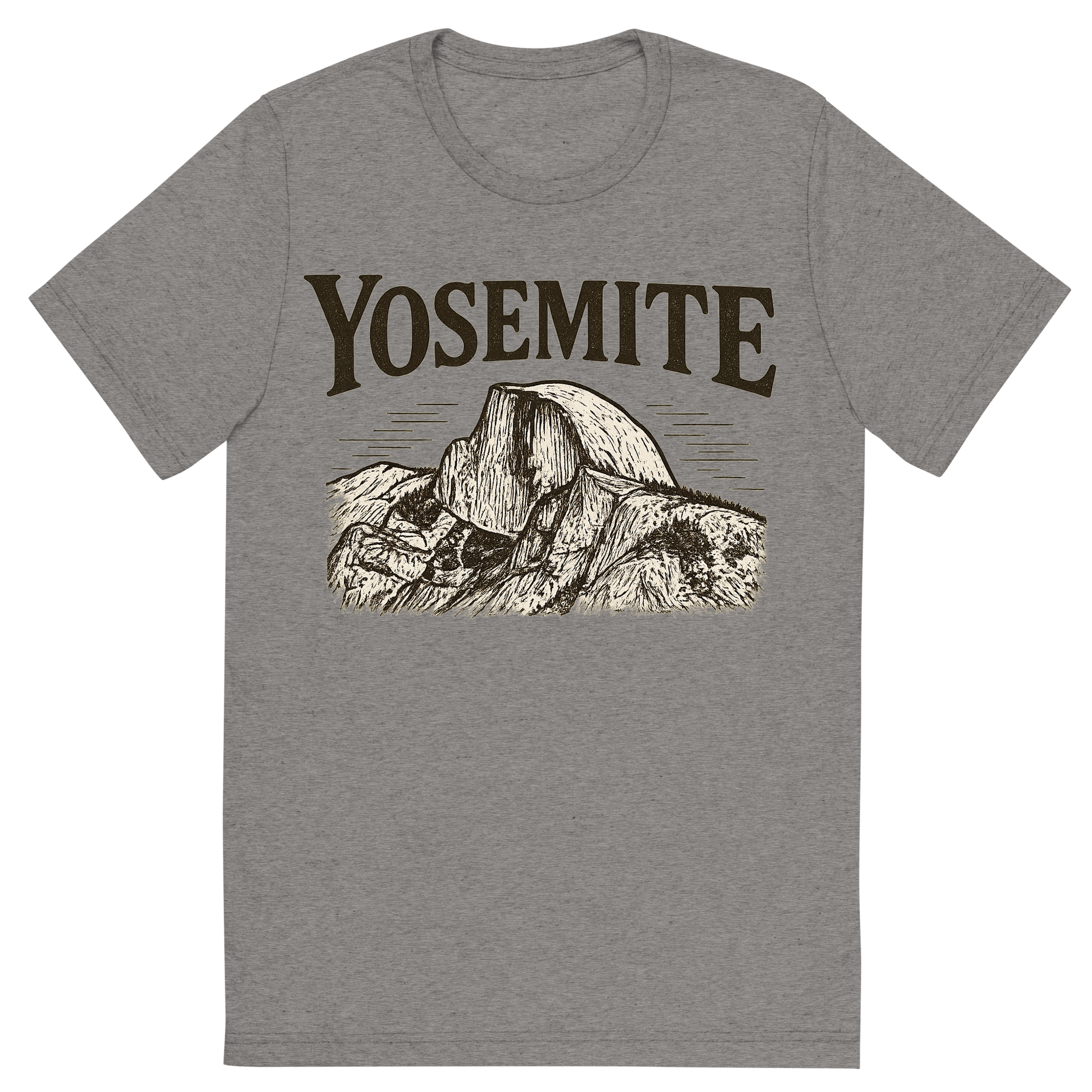 Front view of a Premium Tri-Blend Crew Neck T-Shirt in Grey showing 'A typographic, nostalgic graphic of a typographic illustration of the words 'yosemite' with a vintage line art drawing of the half dome'