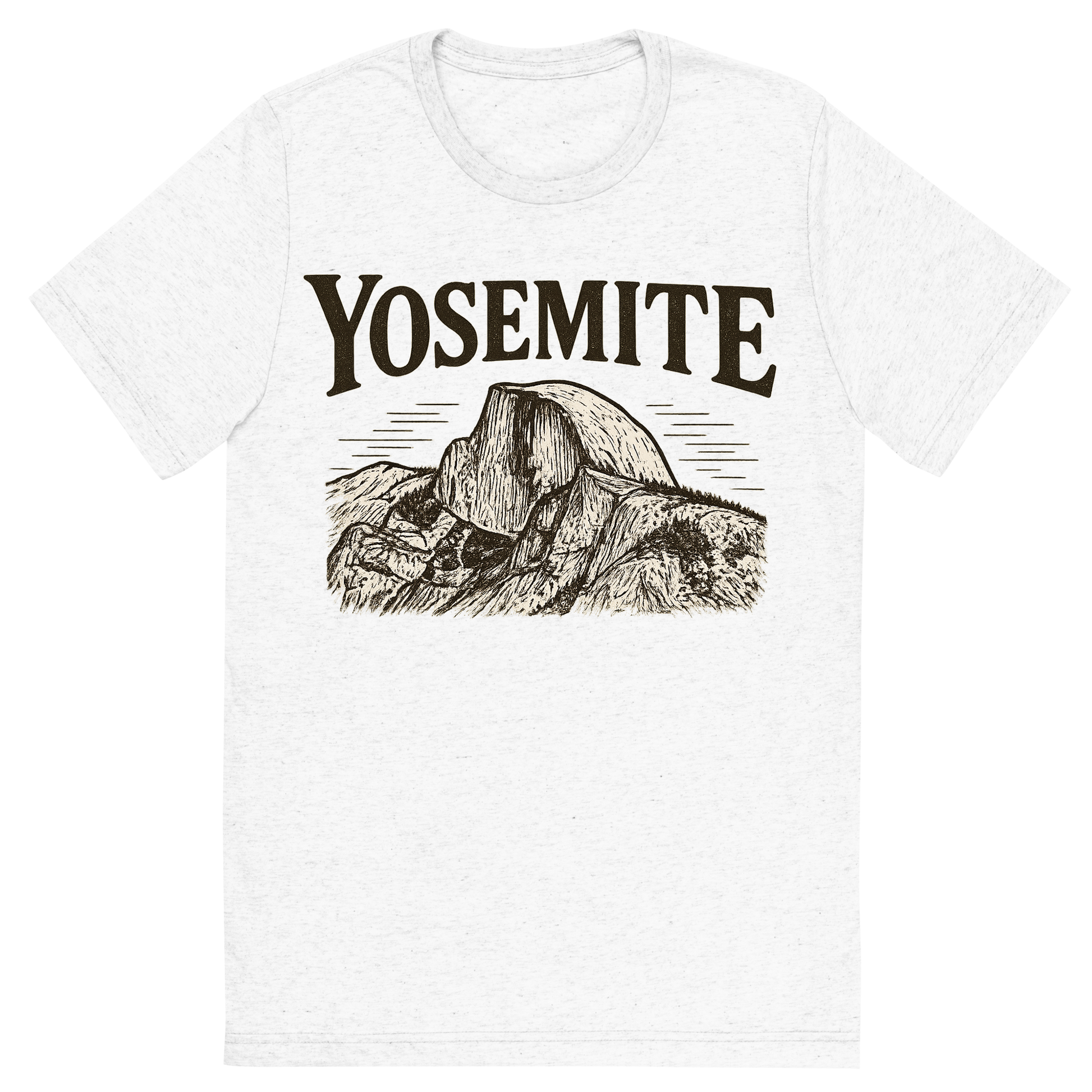 Front view of a Premium Tri-Blend Crew Neck T-Shirt in Solid White showing 'A typographic, nostalgic graphic of a typographic illustration of the words 'yosemite' with a vintage line art drawing of the half dome'