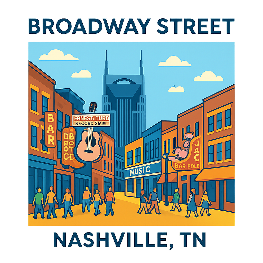 A flat vector, fun graphic of nashville, tennessee featuring broadway street – a t-shirt design