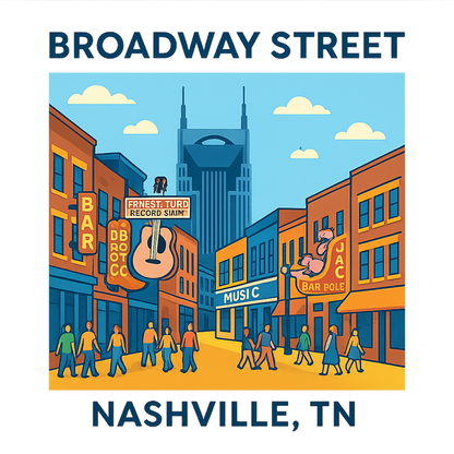 A flat vector, fun graphic of nashville, tennessee featuring broadway street – a t-shirt design