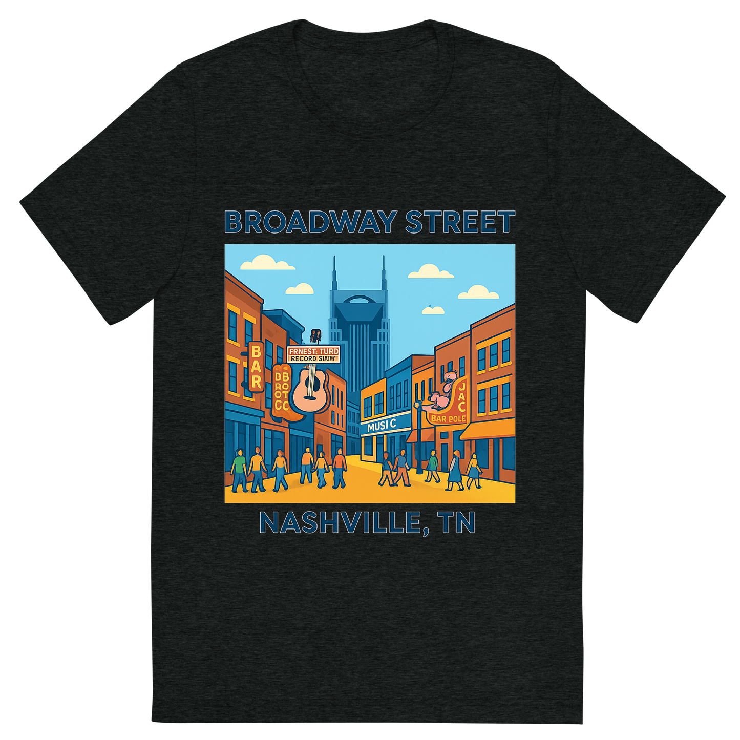 Front view of a Premium Tri-Blend Crew Neck T-Shirt in Charcoal-Black showing 'A flat vector, fun graphic of nashville, tennessee featuring broadway street'