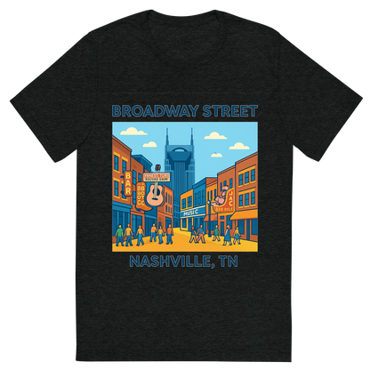 Front view of a Premium Tri-Blend Crew Neck T-Shirt in Charcoal-Black showing 'A flat vector, fun graphic of nashville, tennessee featuring broadway street'