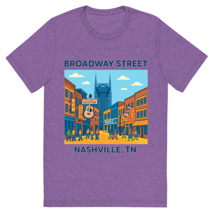 Front view of a Premium Tri-Blend Crew Neck T-Shirt in Purple showing 'A flat vector, fun graphic of nashville, tennessee featuring broadway street'