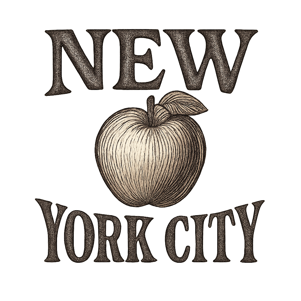 A typographic, nostalgic graphic of a typographic illustration of the words 'new york city' with a vintage line art drawing of an apple – a t-shirt design
