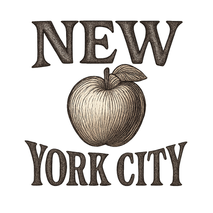 A typographic, nostalgic graphic of a typographic illustration of the words 'new york city' with a vintage line art drawing of an apple – a t-shirt design