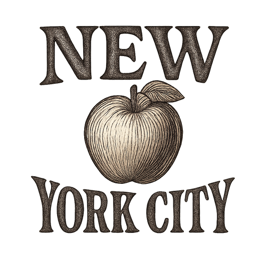 A typographic, nostalgic graphic of a typographic illustration of the words 'new york city' with a vintage line art drawing of an apple – a t-shirt design