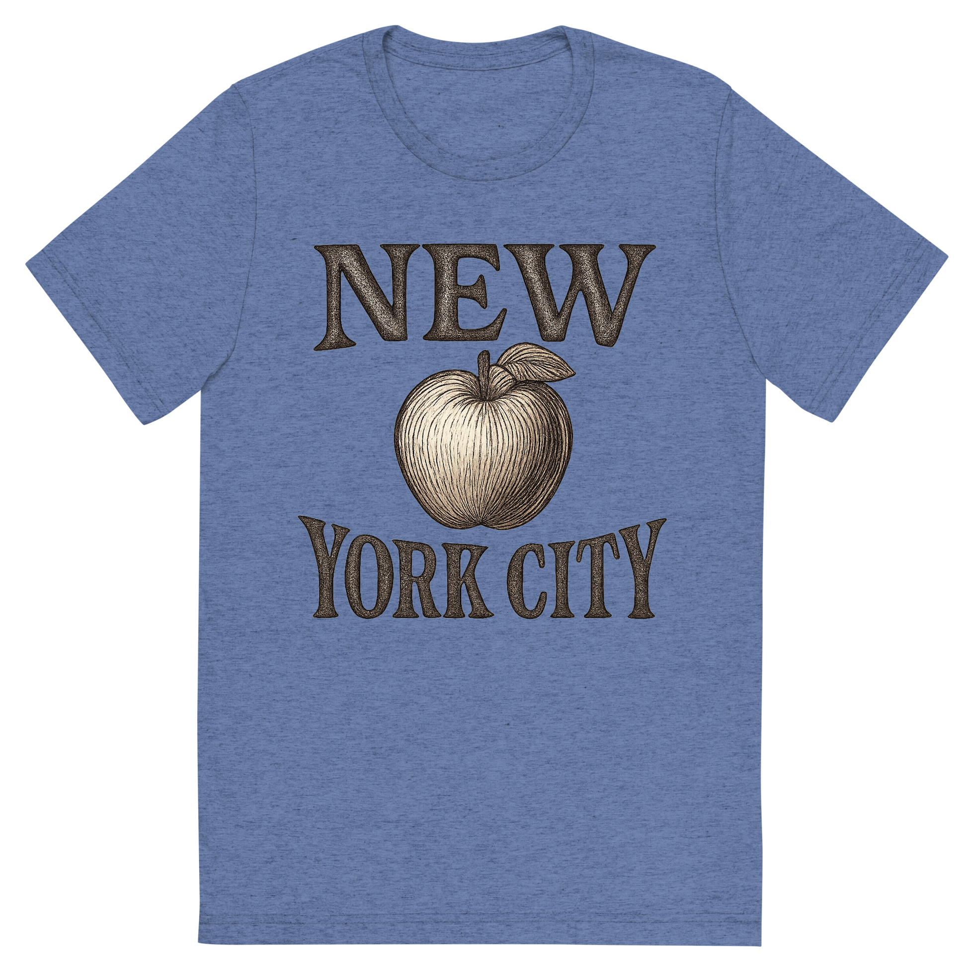 Front view of a Premium Tri-Blend Crew Neck T-Shirt in Blue showing 'A typographic, nostalgic graphic of a typographic illustration of the words 'new york city' with a vintage line art drawing of an apple'